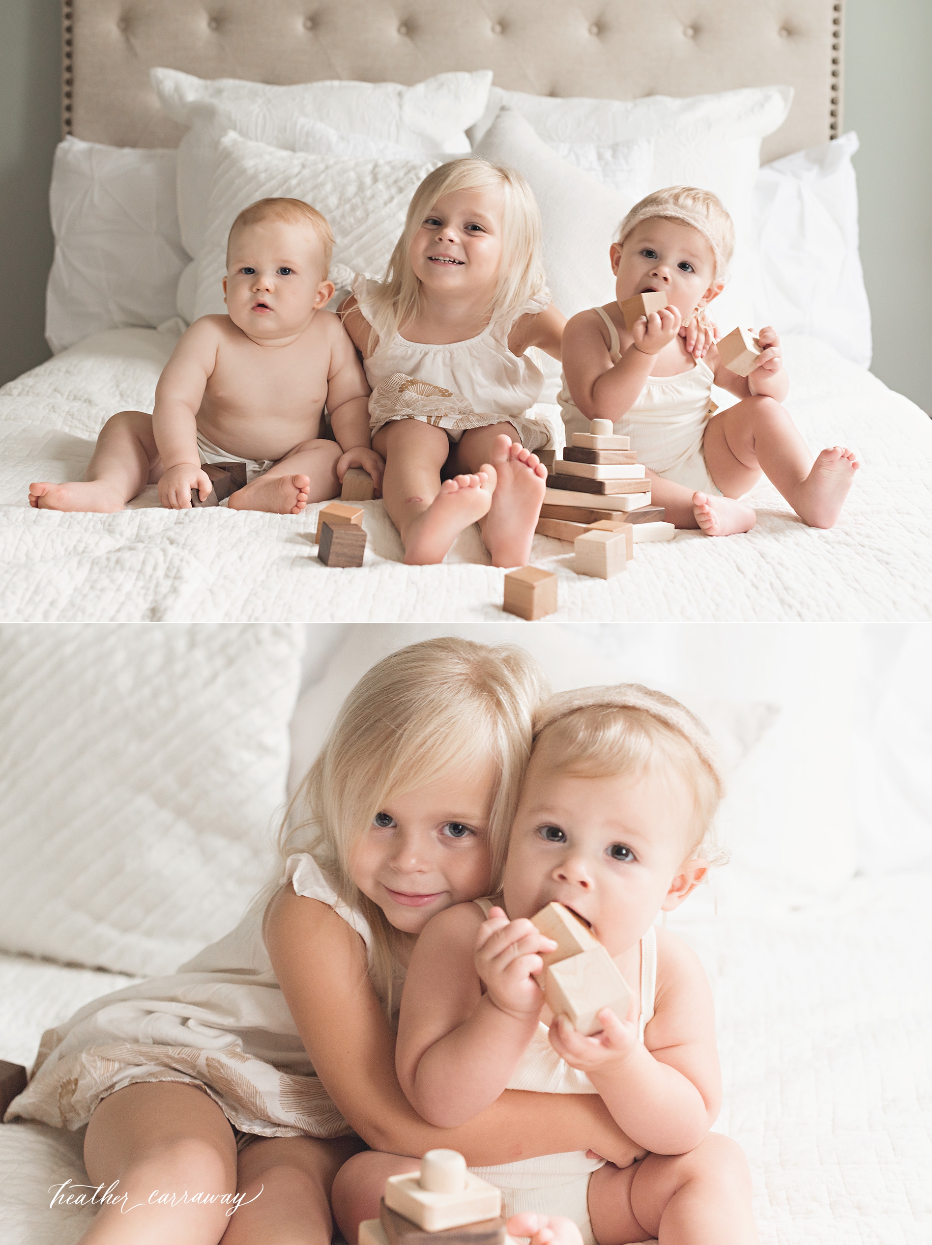 cousin-and-sibling-photos-on-white-bed